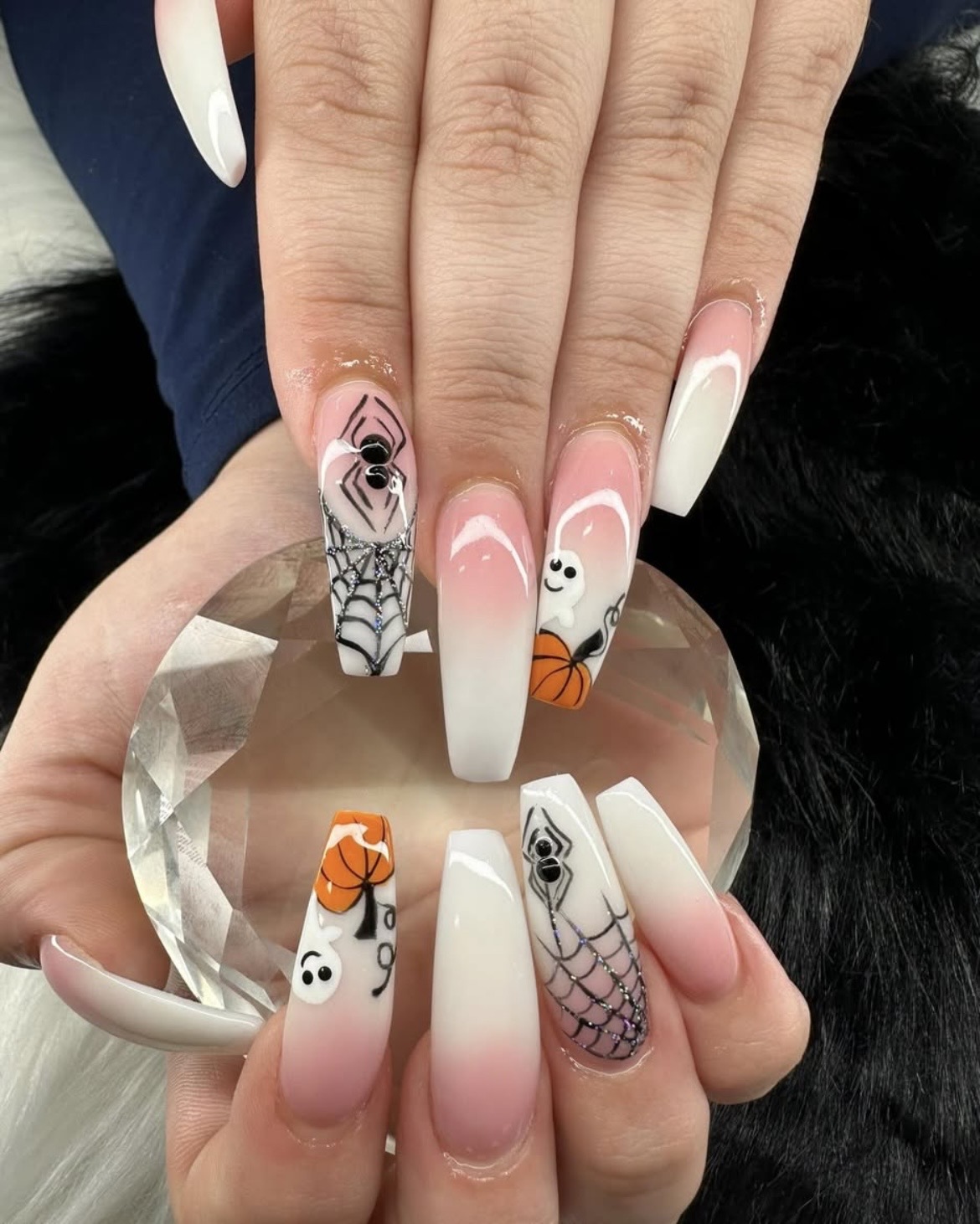 Halloween ghost, pumpkin & spiderweb nails